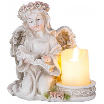 Anjel s knihou a sviečkou, LED, polyresin, na hrob