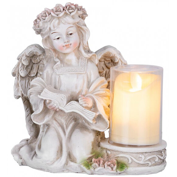 Anjel s knihou a sviečkou, LED, polyresin, na hrob